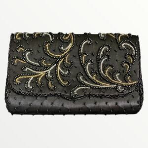 Vintage La Regale Beaded Floral Evening Clutch Black & Gold